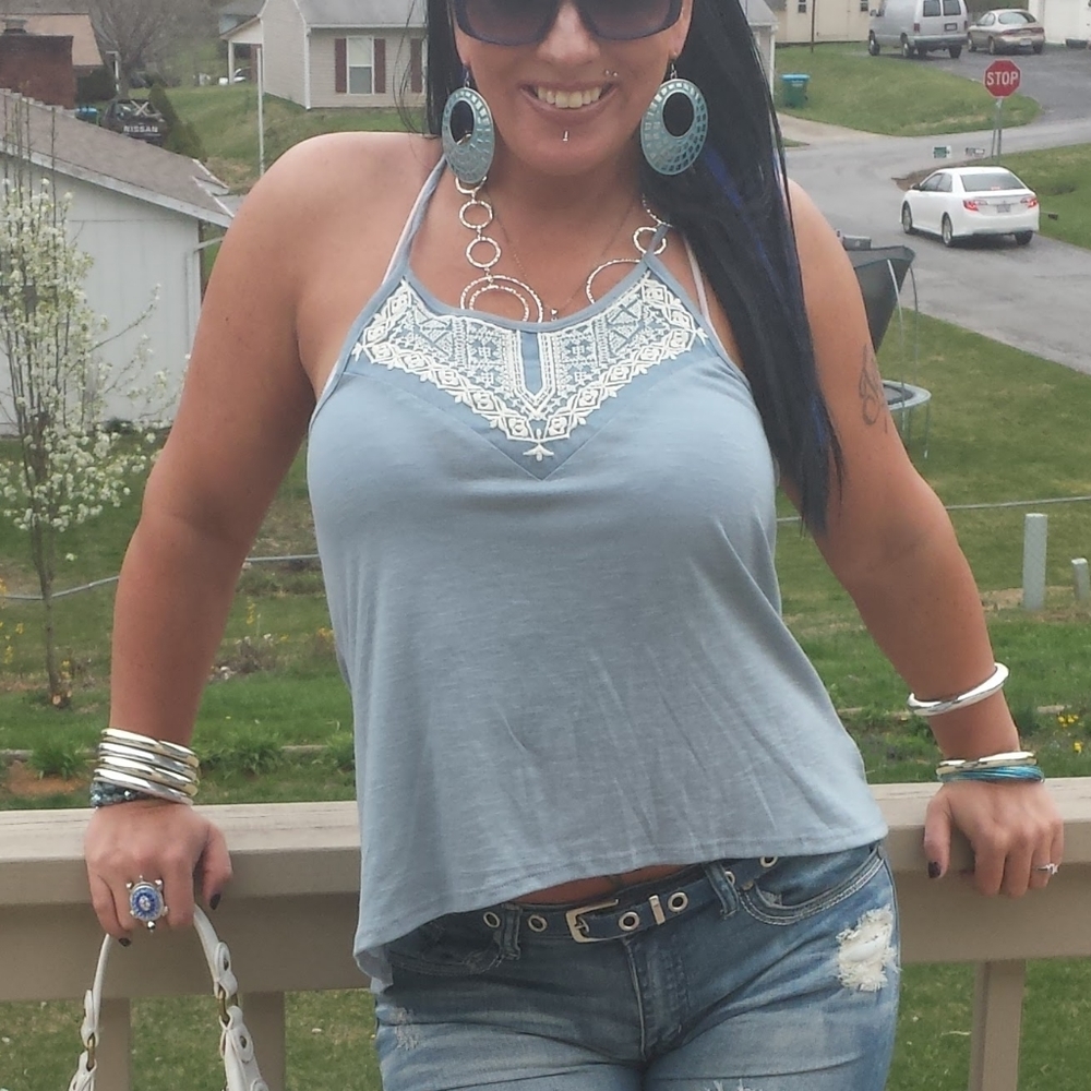 Light Blue & Crochet Flowy Tank